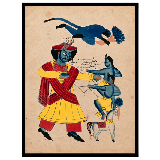 Immerse yourself in the epic tale of valor with this striking Kalighat artwork depicting Hanuman's for studio
