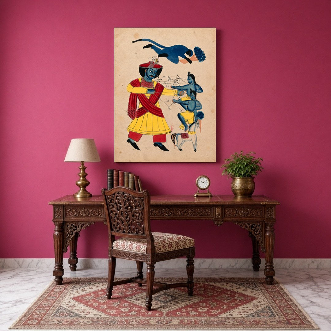 Immerse yourself in the epic tale of valor with this striking Kalighat artwork depicting Hanuman's for Study