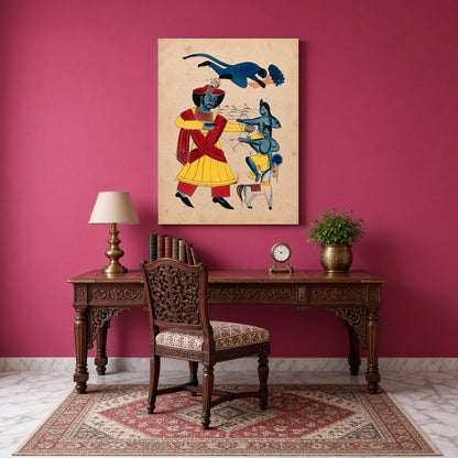 Immerse yourself in the epic tale of valor with this striking Kalighat artwork depicting Hanuman's for Study