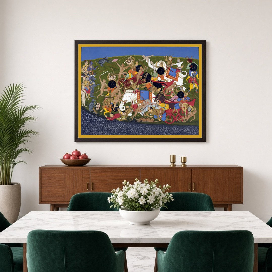Immerse yourself in the epic narrative of the Ramayana with this visually dynamic art piece, for Dining