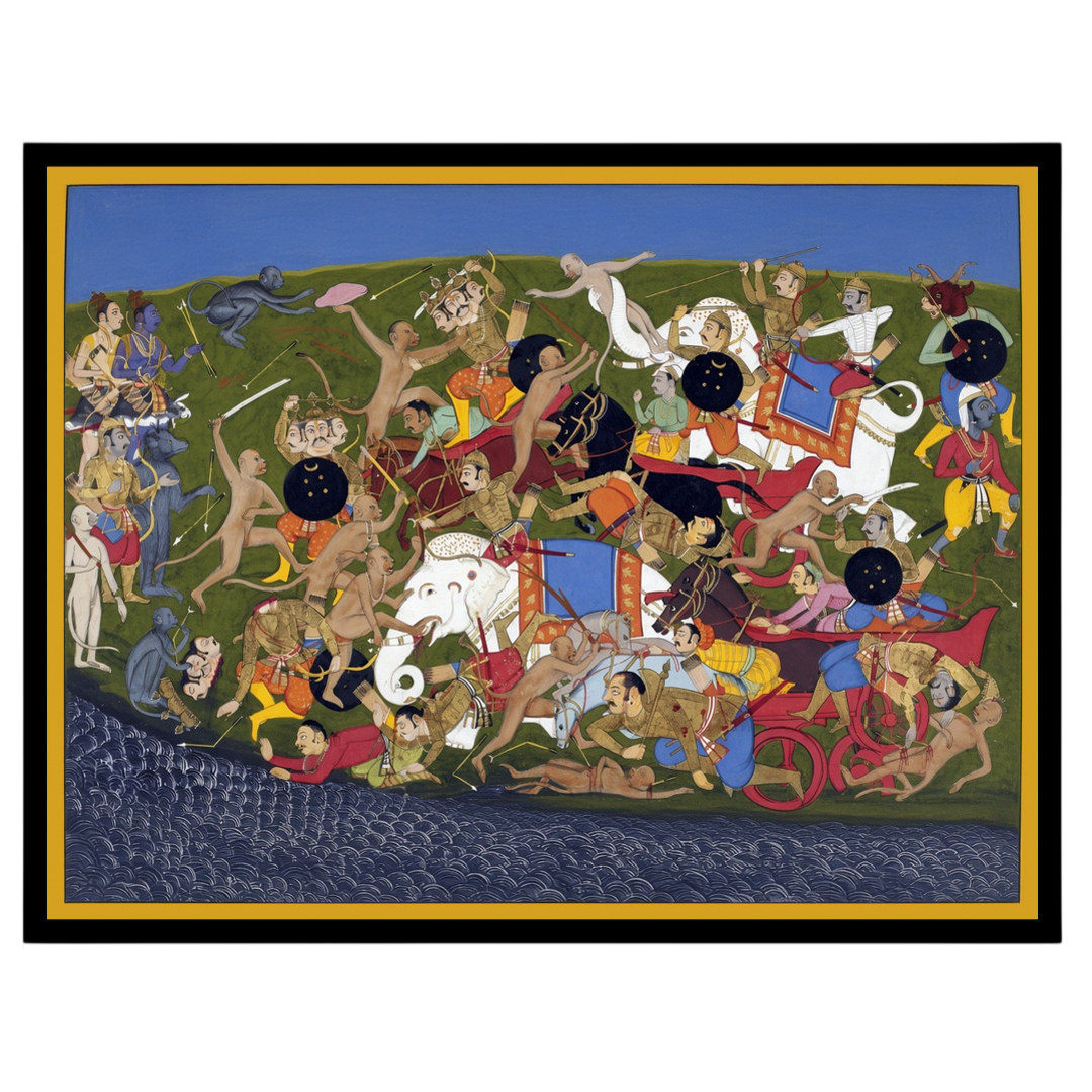 Immerse yourself in the epic narrative of the Ramayana with this visually dynamic art piece, for gallery