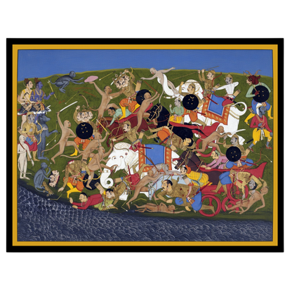 Immerse yourself in the epic narrative of the Ramayana with this visually dynamic art piece, for gallery