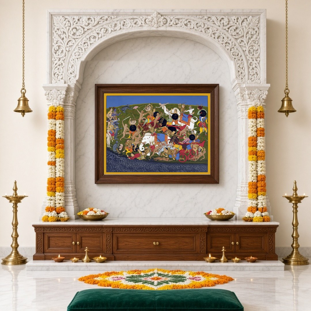 Immerse yourself in the epic narrative of the Ramayana with this visually dynamic art piece, for Home Temple