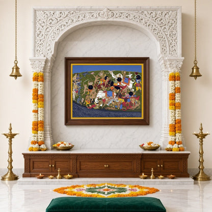 Immerse yourself in the epic narrative of the Ramayana with this visually dynamic art piece, for Home Temple
