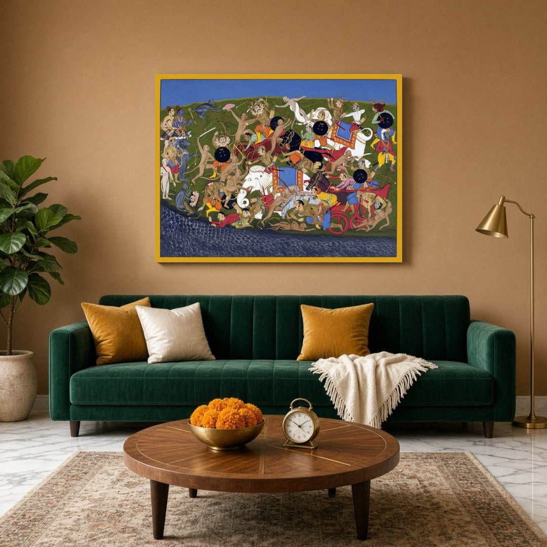 Immerse yourself in the epic narrative of the Ramayana with this visually dynamic art piece, for Living Room