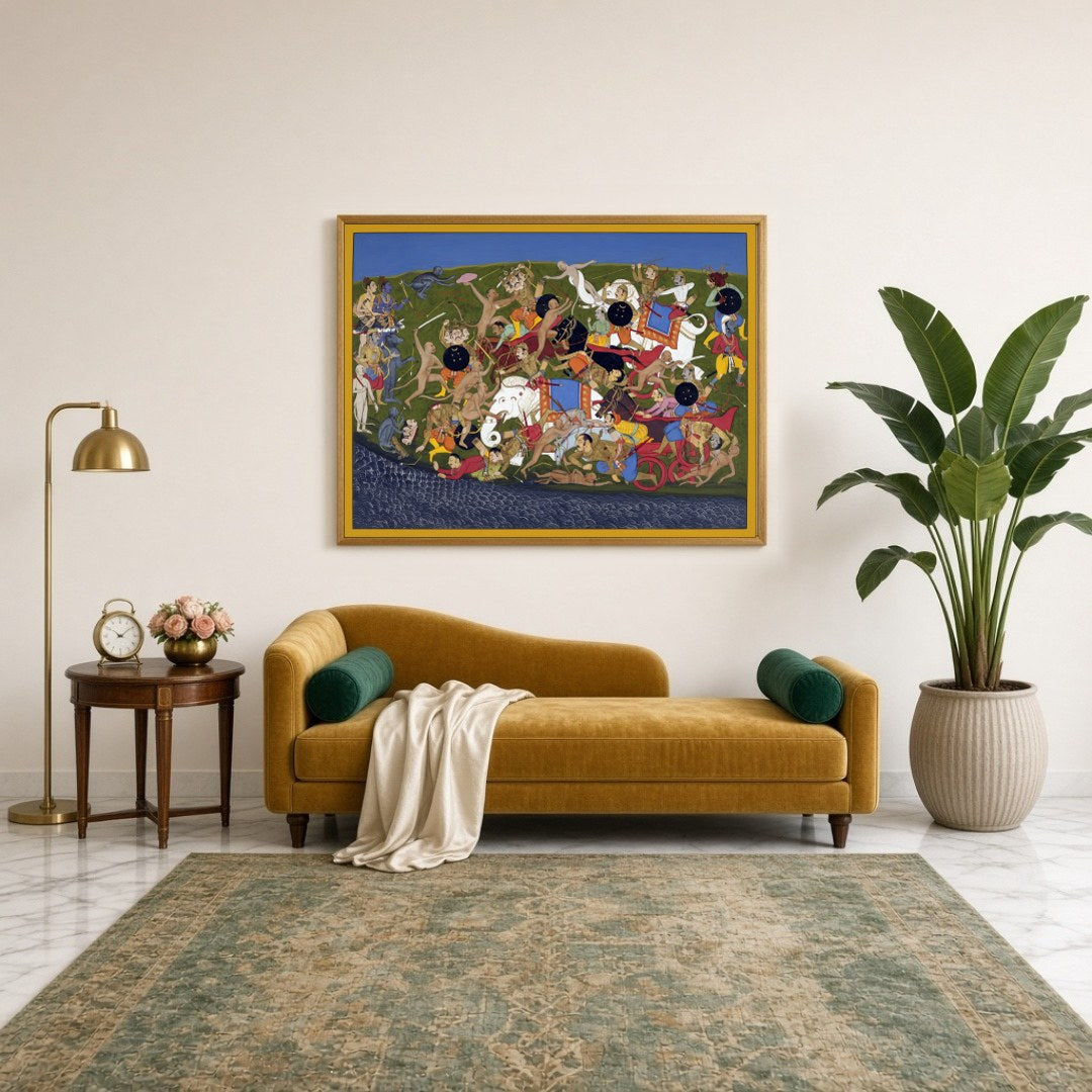 Immerse yourself in the epic narrative of the Ramayana with this visually dynamic art piece, for Sitting Lounge