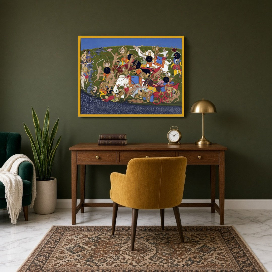 Immerse yourself in the epic narrative of the Ramayana with this visually dynamic art piece, for Study