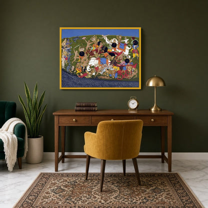 Immerse yourself in the epic narrative of the Ramayana with this visually dynamic art piece, for Study