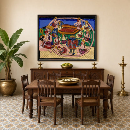 Immerse yourself in the grandeur of the Ramayana with this captivating Pattachitra artwork, for Dining