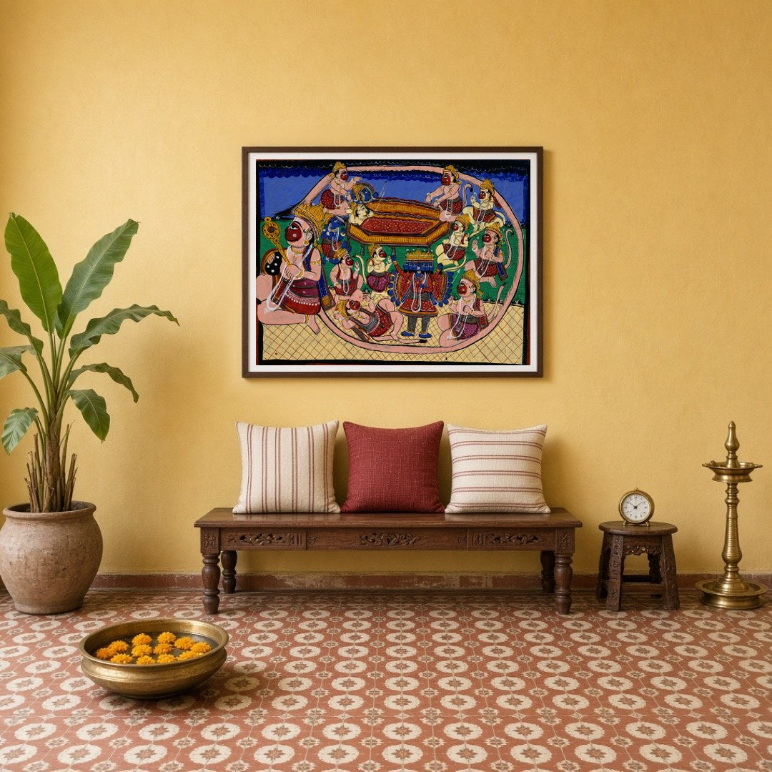 Immerse yourself in the grandeur of the Ramayana with this captivating Pattachitra artwork, for Entrance
