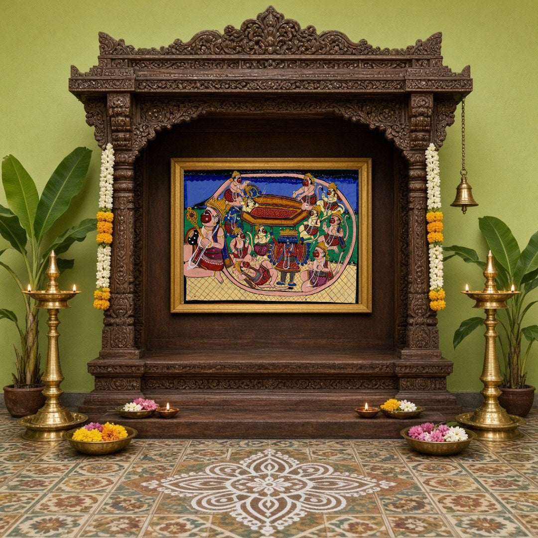 Immerse yourself in the grandeur of the Ramayana with this captivating Pattachitra artwork, for Home Temple