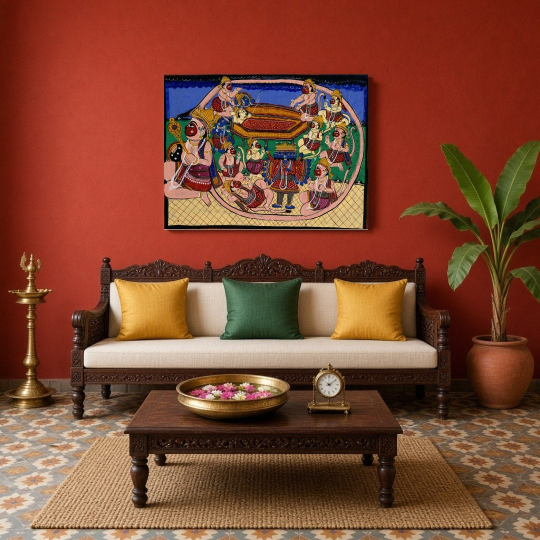 Immerse yourself in the grandeur of the Ramayana with this captivating Pattachitra artwork, for Living Room