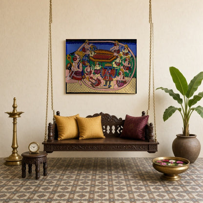 Immerse yourself in the grandeur of the Ramayana with this captivating Pattachitra artwork, for Sitting Lounge