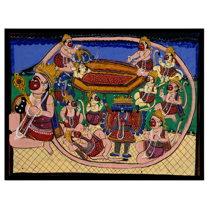 Immerse yourself in the grandeur of the Ramayana with this captivating Pattachitra artwork, for space