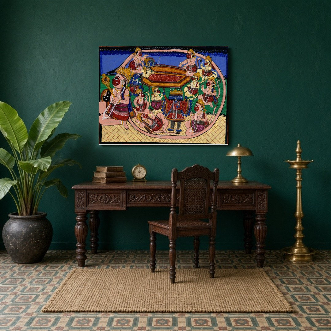 Immerse yourself in the grandeur of the Ramayana with this captivating Pattachitra artwork, for Study
