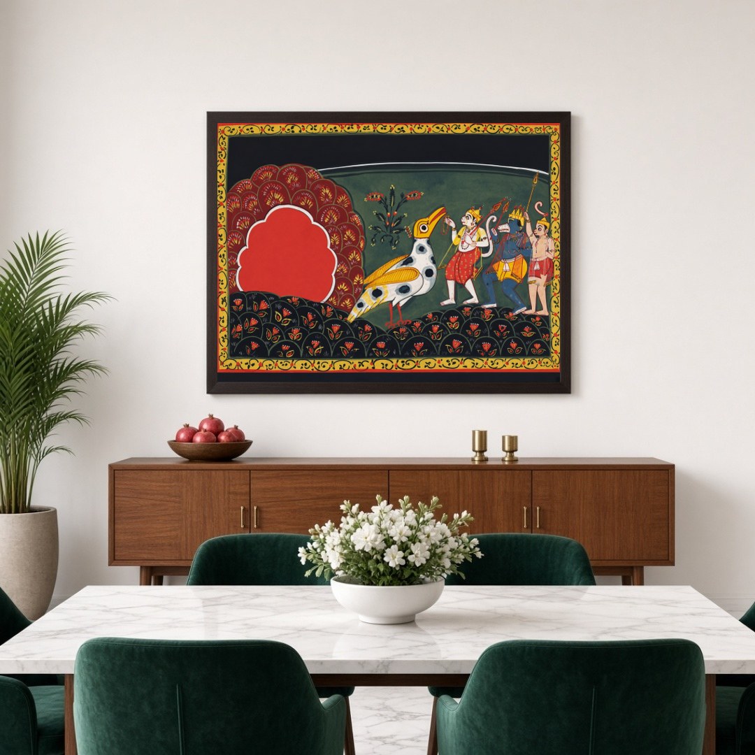 Immerse yourself in the captivating tales of devotion and adventure with this exquisite Pattachitra for Dining