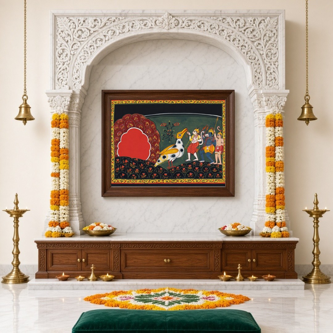 Immerse yourself in the captivating tales of devotion and adventure with this exquisite Pattachitra for Home Temple