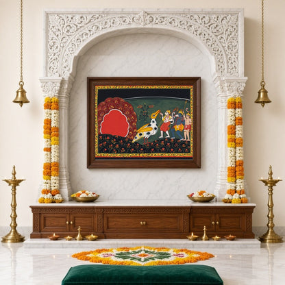 Immerse yourself in the captivating tales of devotion and adventure with this exquisite Pattachitra for Home Temple