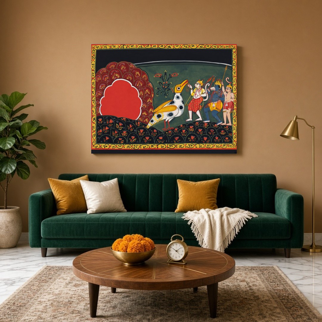 Immerse yourself in the captivating tales of devotion and adventure with this exquisite Pattachitra for Living Room