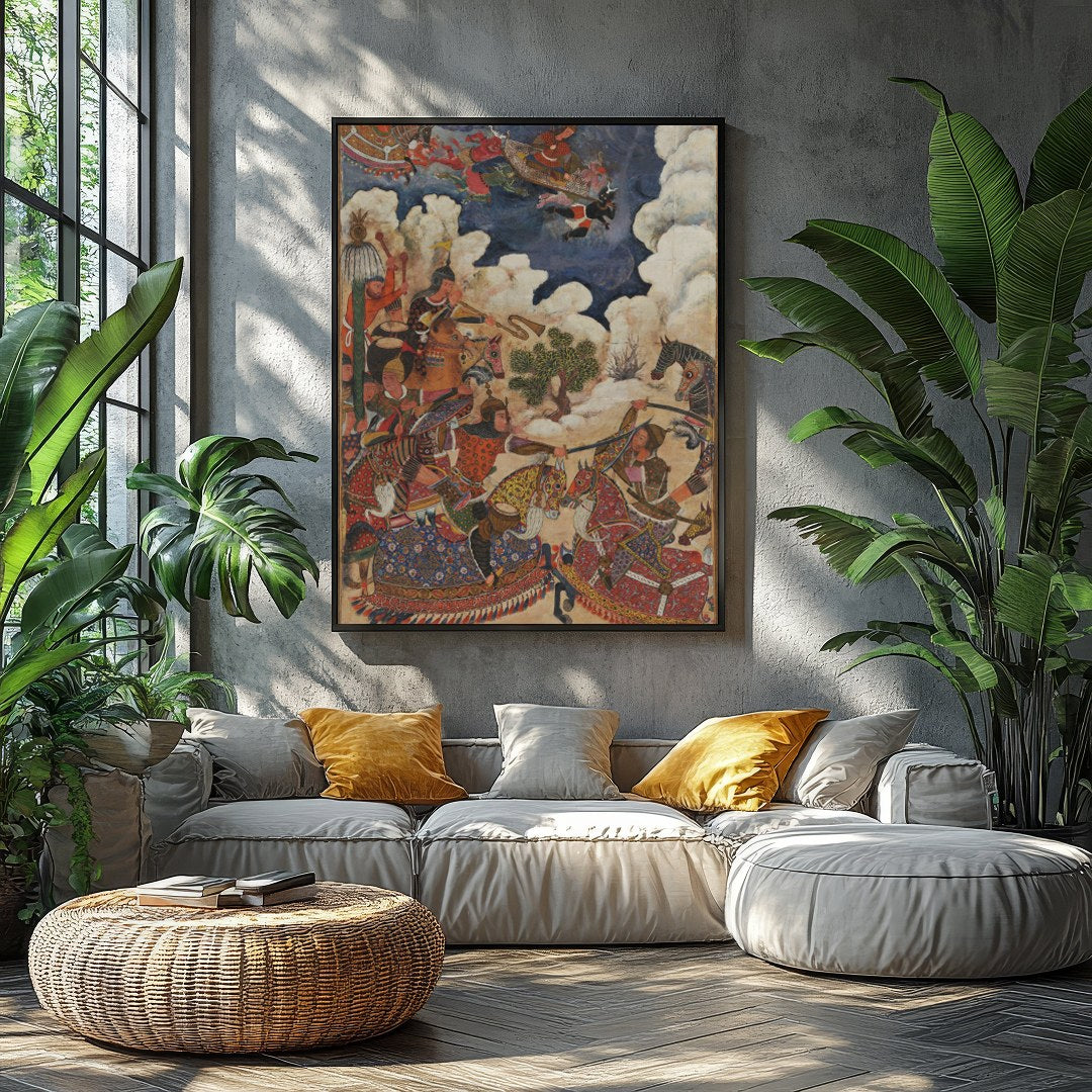 This captivating artwork depicts an animated Persian battle scene, rich in historical detail and for Balcony