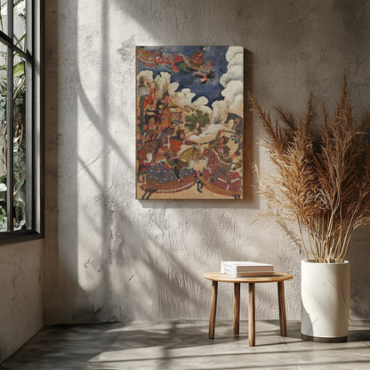 This captivating artwork depicts an animated Persian battle scene, rich in historical detail and for Entrance