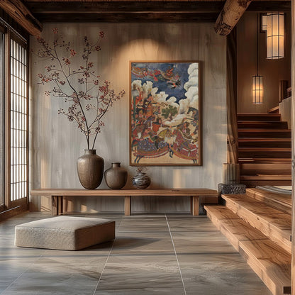 This captivating artwork depicts an animated Persian battle scene, rich in historical detail and for Hall