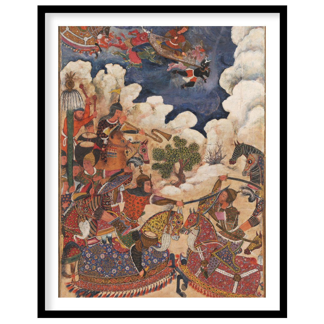 This captivating artwork depicts an animated Persian battle scene, rich in historical detail and for home