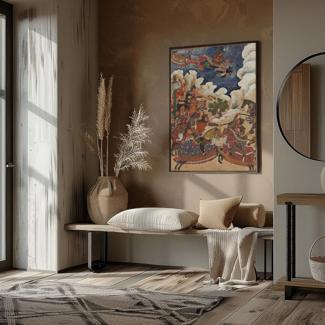 This captivating artwork depicts an animated Persian battle scene, rich in historical detail and for room