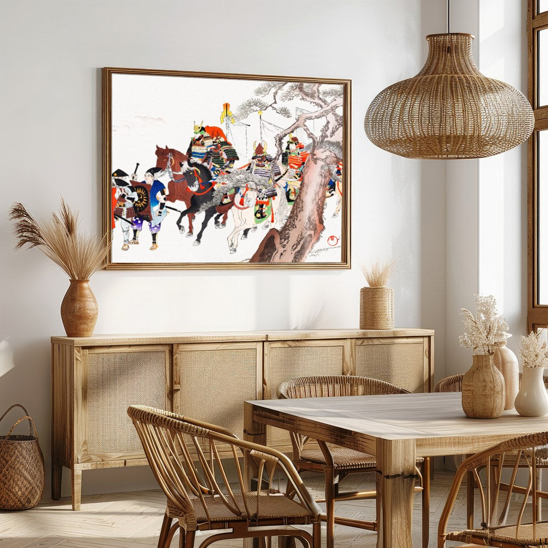 Dive into the grandeur of historical Japan with this captivating wall art, depicting a detailed for Dining