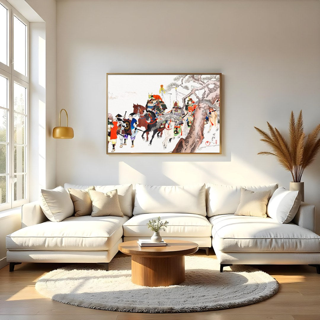 Dive into the grandeur of historical Japan with this captivating wall art, depicting a detailed for Living Room