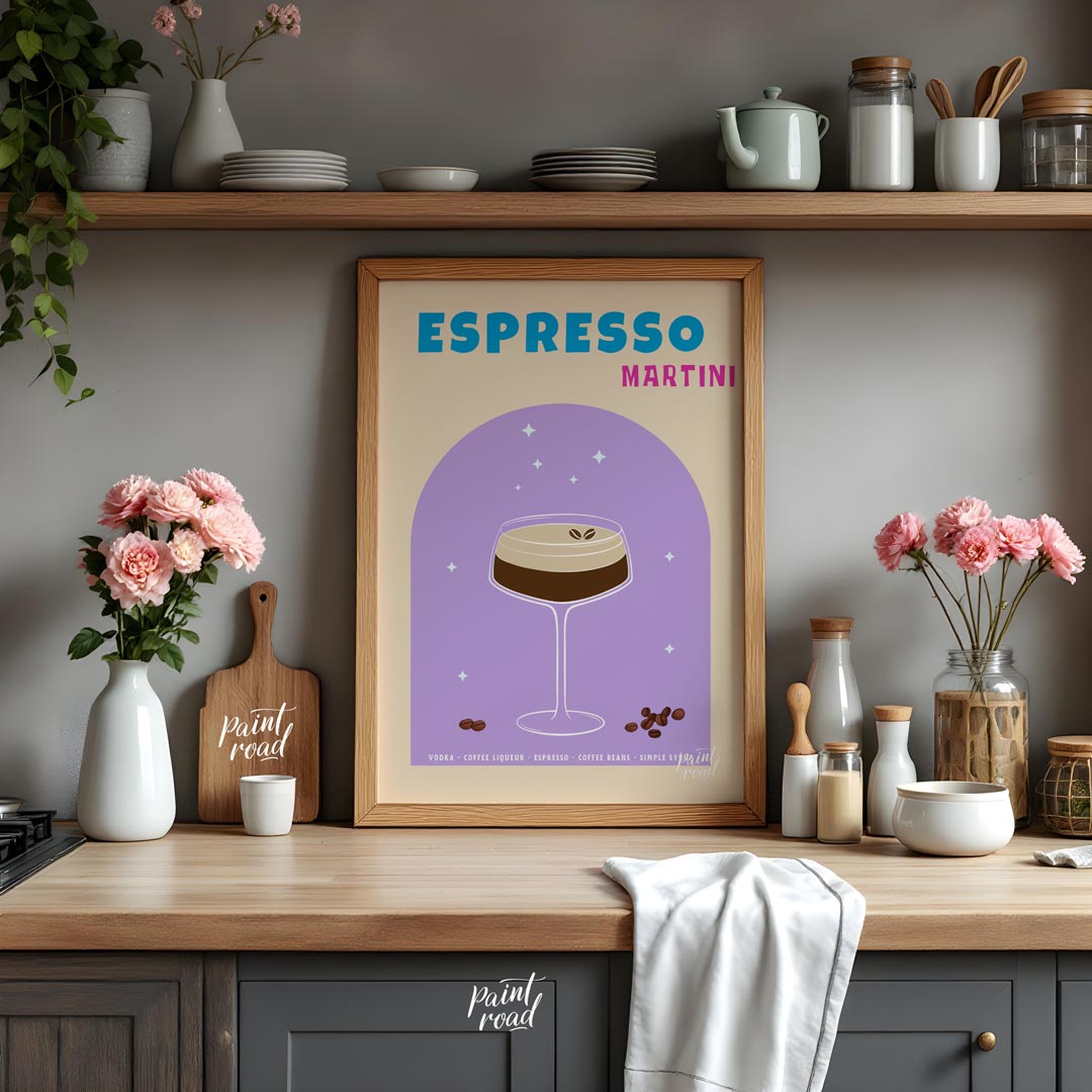 This sophisticated and elegant poster features an Espresso Martini, designed with a sleek and moder… for kitchen