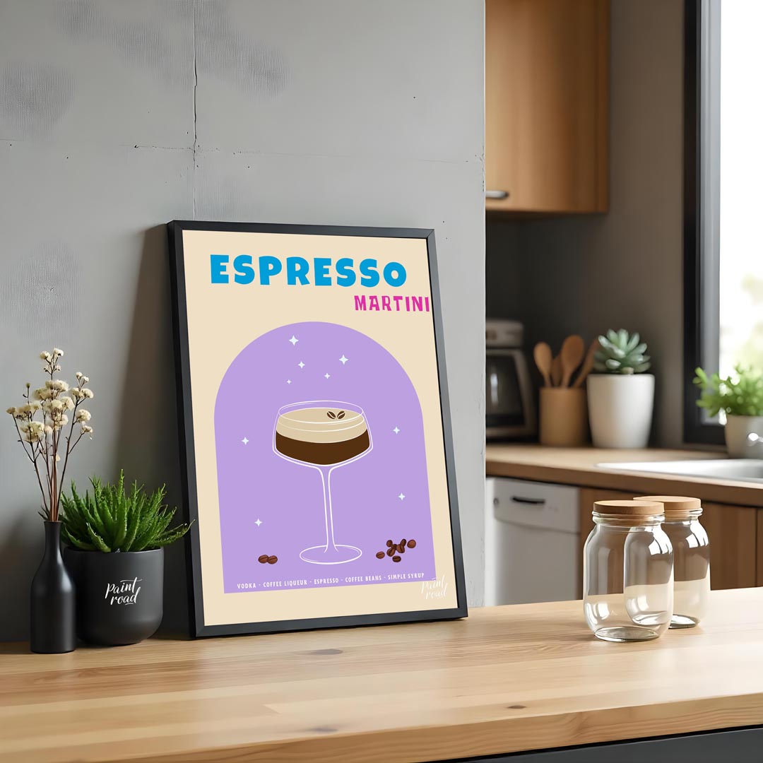 This sophisticated and elegant poster features an Espresso Martini, designed with a sleek and moder… for kitchen