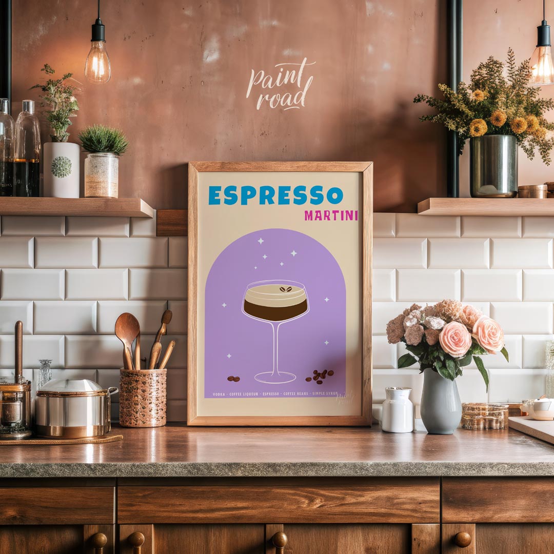 This sophisticated and elegant poster features an Espresso Martini, designed with a sleek and moder… for kitchen