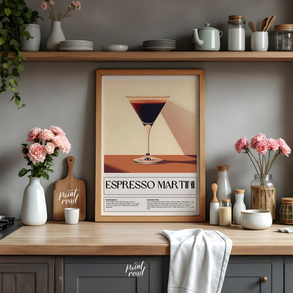 This sleek and sophisticated poster showcases an Espresso Martini, rendered with a rich, dark brown… for kitchen