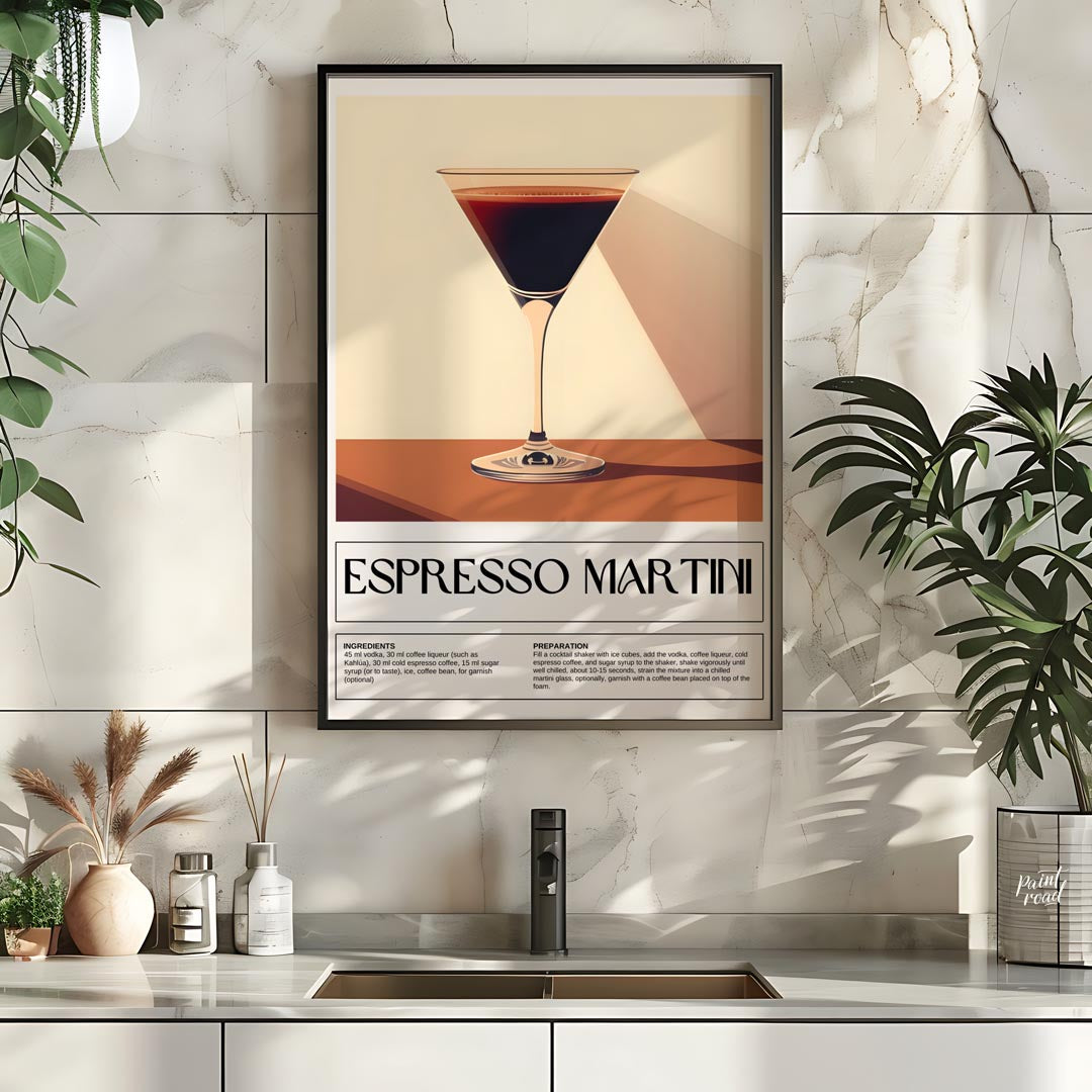 This sleek and sophisticated poster showcases an Espresso Martini, rendered with a rich, dark brown… for kitchen