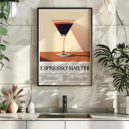 This sleek and sophisticated poster showcases an Espresso Martini, rendered with a rich, dark brown… for kitchen