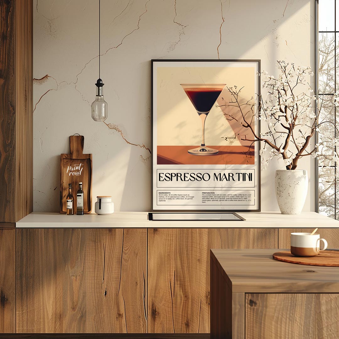 This sleek and sophisticated poster showcases an Espresso Martini, rendered with a rich, dark brown… for kitchen
