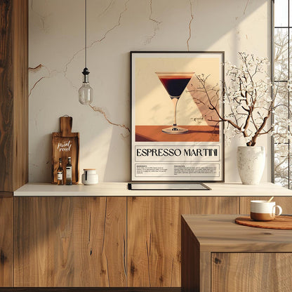 This sleek and sophisticated poster showcases an Espresso Martini, rendered with a rich, dark brown… for kitchen