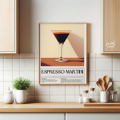 This sleek and sophisticated poster showcases an Espresso Martini, rendered with a rich, dark brown… for kitchen