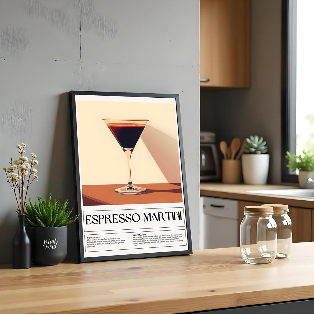 This sleek and sophisticated poster showcases an Espresso Martini, rendered with a rich, dark brown… for kitchen