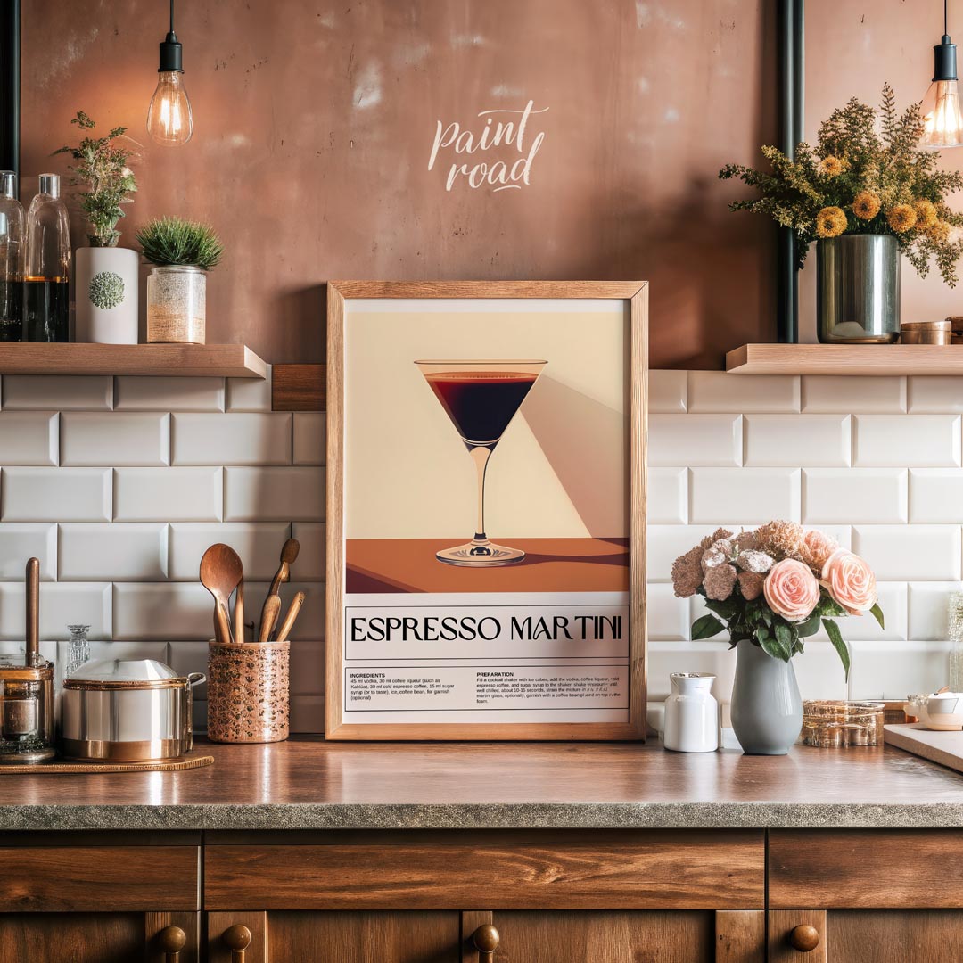 This sleek and sophisticated poster showcases an Espresso Martini, rendered with a rich, dark brown… for kitchen