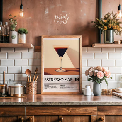 This sleek and sophisticated poster showcases an Espresso Martini, rendered with a rich, dark brown… for kitchen