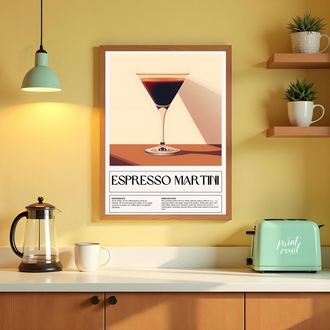 This sleek and sophisticated poster showcases an Espresso Martini, rendered with a rich, dark brown… for kitchen