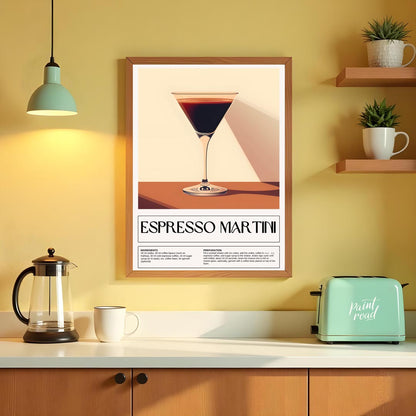 This sleek and sophisticated poster showcases an Espresso Martini, rendered with a rich, dark brown… for kitchen