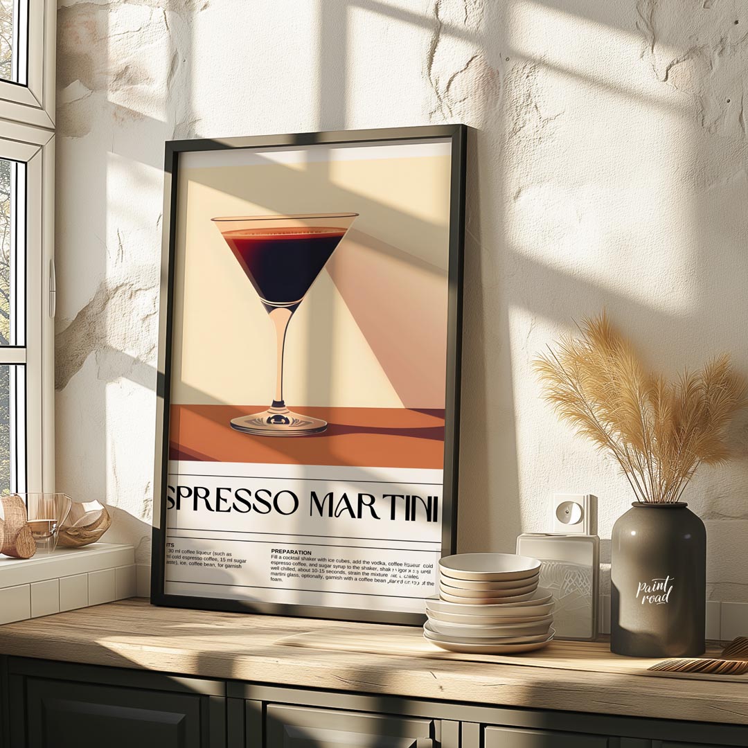 This sleek and sophisticated poster showcases an Espresso Martini, rendered with a rich, dark brown… for kitchen
