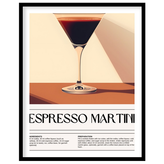 This sleek and sophisticated poster showcases an Espresso Martini, rendered with a rich, dark brown… for lovely house
