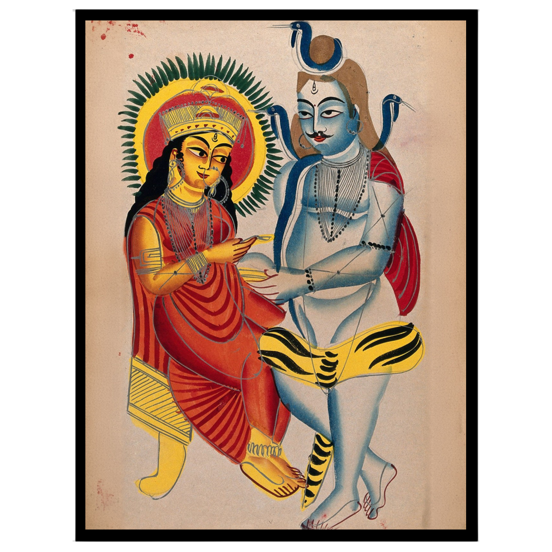 This captivating Kalighat art piece captures the serene and eternal bond between Lord Shiva and for decor