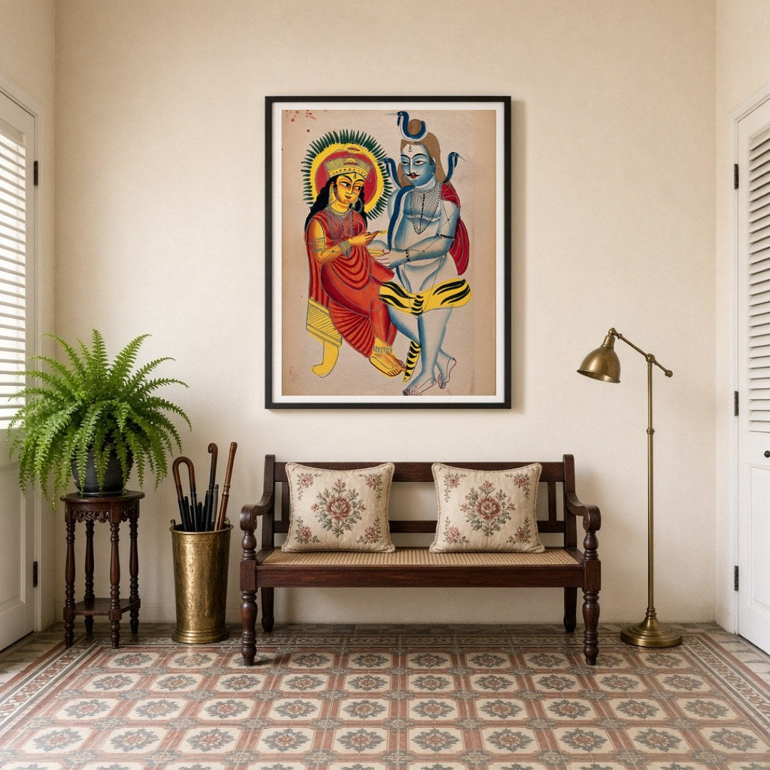 This captivating Kalighat art piece captures the serene and eternal bond between Lord Shiva and for Entrance
