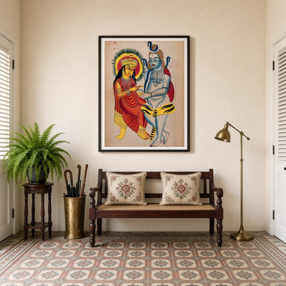 This captivating Kalighat art piece captures the serene and eternal bond between Lord Shiva and for Entrance