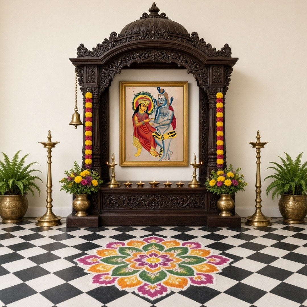 This captivating Kalighat art piece captures the serene and eternal bond between Lord Shiva and for Home Temple
